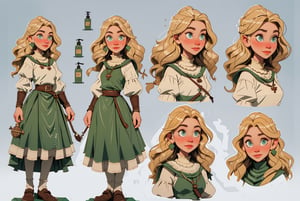 (comic book art style), (Soap-Committee on ArtStation art style), full body view, full shot, front view, back view, character design, character sheet, medieval peasant woman, blonde hair, green eyes, strong highlights, sharp outlines, sharp shadows, 8k, high quality, solid white background, (cell shading).,2dcharacter,High detailed ,SAM YANG,cherucot,simple background