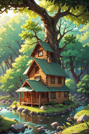 a tiny cabin,(tilt shift:1.2),tree,river,
