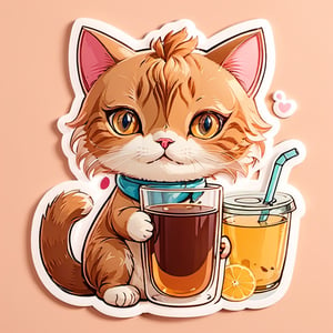 sticker , cat, drinking , Booba tea, cute
