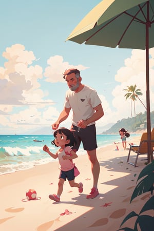 Snatti style,illustration of a dad an his girl playing on the beach,art by Atey Ghailan,,masterpiece,
