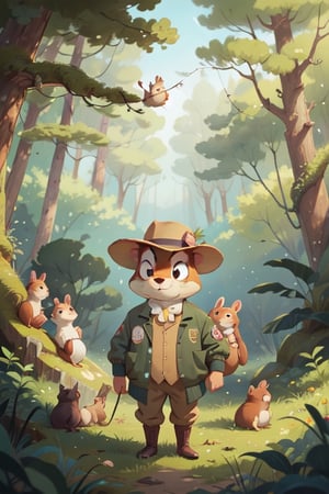 Beatrix Potter hand drawn style,art by Randolph Caldecott,a squirrel in a fashionable fedora and bomber jacket,reminiscent of Chip from Chip 'n Dale Rescue Rangers,looking at the audience,vast view of dense woodland in the background,
