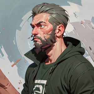 (A_Rostov_Style:0.9), (upper body shot:1.9), (skinny man with round:1.6) in green jacket, alcoholic, swollen face, broken face, short grey hair, beard, flirty dynamic pose, rough brush strokes, soothing tones, calm colors, 
