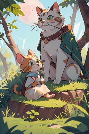 a cat and white small mouse side by side sitting on grassy cliff while looking up watching a big fullmoon. left and right framing by trees and plants,10xRFBoost,cartoonish 3D painting,Fantasy detailers 