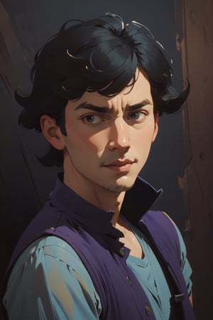 (A_Rostov_Style:0.8),,illustration,portrait,(1man:1.2) in purple shirt,black vest,round face,short black hair,flirty dynamic pose,rough brush strokes,soothing tones,calm colors,art by greg rutkowski and artgerm,(intricate details:1.12),hdr,(intricate details, hyperdetailed:1.15),
