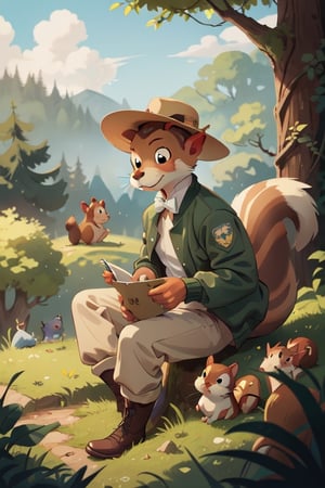 Beatrix Potter hand drawn style,art by Randolph Caldecott,a squirrel in a fashionable fedora and bomber jacket,reminiscent of Chip from Chip 'n Dale Rescue Rangers,looking at the audience,vast view of dense woodland in the background,
