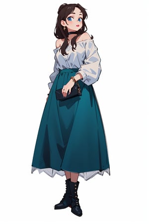 1girl, solo, long hair, looking at viewer, blue eyes, skirt, simple background, brown hair, shirt, long sleeves, white background, holding, jewelry, standing, full body, white shirt, boots, choker, off shoulder, bag, black footwear, makeup, black choker, lipstick, green skirt, long skirt, handbag, off-shoulder shirt, holding bag, black lips