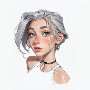 1girl, (caucasian skin), (( 20 years old)), portrait 3/4, dark greengrey eyes, grey hair, European and American cartoon,( hand drawing:1.2) ,DRAWING,cartoon