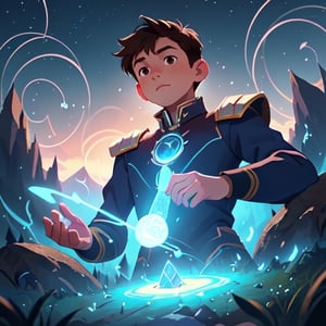 fantasy, (seen from below, looking down at viewer), on mountain peak outcropping, Hologram wizard casting powerful spell, young teenage boy male with dark brown hair hazel eyes, wearing futuristic mage uniform, surrounded by swirling magical azure light streams, detailed skin, bokeh, sharp features
