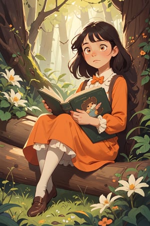 Beatrix Potter hand drawn style,art by Randolph Caldecott,a girl of 8 years,black hair,orange dress,brown shoes,eyes shining with curiosity,close up,in forest,sitting on a log,comfortable,flowers around in style of Randolph Caldecott book illustration,
