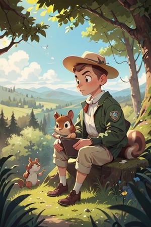 Beatrix Potter hand drawn style,art by Randolph Caldecott,a squirrel in a fashionable fedora and bomber jacket,reminiscent of Chip from Chip 'n Dale Rescue Rangers,looking at the audience,vast view of dense woodland in the background,
