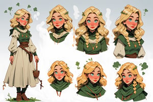 (comic book art style), (Soap-Committee on ArtStation art style), full body view, full shot, front view, back view, character design, character sheet, medieval peasant woman, blonde hair, green eyes, strong highlights, sharp outlines, sharp shadows, 8k, high quality, solid white background, (cell shading).,2dcharacter,High detailed ,SAM YANG,cherucot,simple background