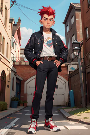 Masterpiece, Best Quality, 1boy,  solo, jacket, red hair, shoes, belt, pants, shirt, blush, outdoors scenery, intricately detailed, open jacket, open clothes, black jacket,  white shirt, standing, hand on hip, spiked hair, dark skin, closed mouth, multicolored hair, dark-skinned male, two-tone hair, ear piercing, sneakers, piercing, mohawk, undercut, manly, cowboy shot, from below, looking at viewer, intricately detailed.