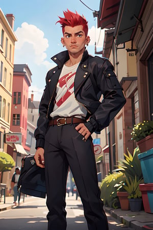 Masterpiece, Best Quality, 1boy, solo, jacket, red hair, belt, pants, shirt, blush, outdoors scenery, intricately detailed, open jacket, open clothes, black jacket,  white shirt, hand on hip, spiked hair, dark skin, closed mouth, multicolored hair, dark-skinned male, two-tone hair, ear piercing, sneakers, piercing, mohawk, undercut, manly, cowboy shot, from below, looking at viewer, 