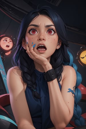 1girl, blue braid hairs, devil red eyes, wearing black bikini aside,high res, ultrashrap, 8k, masterpiece looking at viewer.     ,a_line_haircut, hand on own face, surprised, open mouth,JinxLol,full body, cyberpunk,Detailedface,alessa