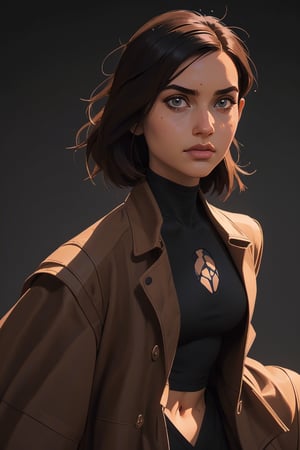 a cyborg girl, battle angel alita, black turtle neck tank top, long brown coat, glowing, (art by Ilya Kuvshinov) shadow, dramatic lighting (masterpiece, best quality ), , scenery,z1l4