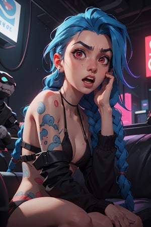 1girl, blue braid hairs, devil red eyes, wearing black bikini aside,high res, ultrashrap, 8k, masterpiece looking at viewer.     ,a_line_haircut, hand on own face, surprised, open mouth,JinxLol,full body, cyberpunk