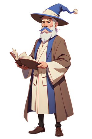 European and American cartoon characters, original character design, hand-drawn drafts, 1boy, solo, male focus, book, hat, facial hair, arm behind back, simple background, holding book, white background, mustache, holding, beard, white hair, full body, standing, wizard, robe, open book, old, wizard hat, old man