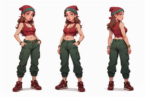 European and American cartoon characters, original character design, hand-drawn drafts, 1girl, solo, jewelry, beanie, earrings, pants, hat, navel, shoes, midriff, long hair, breasts, hand on hip, white background, hoop earrings, crop top, green pants, full body, blush, simple background, sneakers, brown hair, medium breasts, tank top, red hair, baggy pants, cleavage 
,charturnbetalora