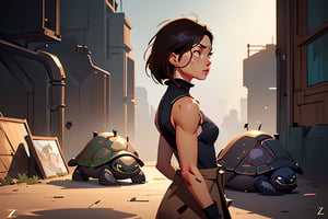 a cyborg girl, battle angel alita, black turtle neck tank top, long brown coat, glowing, (art by Ilya Kuvshinov) shadow, dramatic lighting (masterpiece, best quality ), , scenery,z1l4,asian girl,Back View