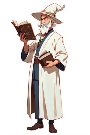 European and American cartoon characters, original character design, hand-drawn drafts, 1boy, solo, male focus, book, hat, facial hair, arm behind back, simple background, holding book, white background, mustache, holding, beard, white hair, full body, standing, wizard, robe, open book, old, wizard hat, old man