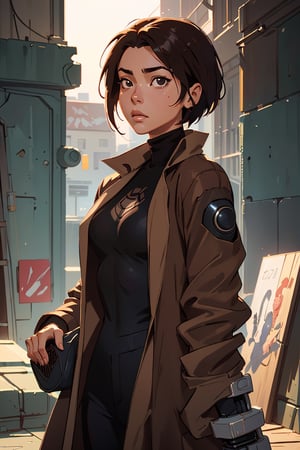 a cyborg girl, battle angel alita, black turtle neck tank top, long brown coat, glowing, (art by Ilya Kuvshinov) shadow, dramatic lighting (masterpiece, best quality ), , scenery,z1l4,asian girl