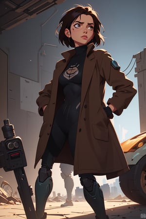 a cyborg girl, battle angel alita, black turtle neck tank top, long brown coat, glowing, (art by Ilya Kuvshinov) shadow, dramatic lighting (masterpiece, best quality ), , scenery