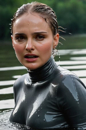 Natalie Portman, emerging from the water. Her head and shoulders are visible above the surface of water. She looks scared and sad, her dark grey turtleneck top wet and clinging to her, with water droplets sparkling around her. She is gasping for air. She is screaming for help. She is in the middle of a city river and splashes from her emergence, fully drenched, dripping wet, wet hair, face wet, face drenched