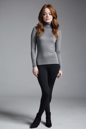 Emma Stone, posing for a photoshooting, wearing a grey turtleneck long sleeve tight top and a black sport legging, mid calf boots, long hair, model body posture, sexy facial expression 