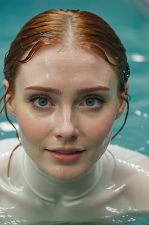 Bryce Dallas Howard, emerging from the water. Her head and shoulders are visible above the surface of water. She looks surprised but smiling, her white turtleneck top wet and clinging to her, with water droplets sparkling around her. She is in the middle of an indoor pool and splashes from her emergence, fully drenched, dripping wet, wet hair, face wet, face drenched, hyper realistic