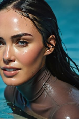 Megan Fox, emerging from the water. Her head and shoulders are visible above the surface of water. She looks relaxed and smiling, her dark brown turtleneck top wet and clinging to her, with water droplets sparkling around her. She is in the middle of an indoor pool and splashes from her emergence, fully drenched, dripping wet, wet hair, face wet, face drenched, hyper realistic