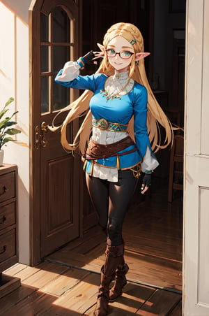 aazelda, super long hair, hair cascading to the waist, square haircut, pointy ears, blue shirt, long sleeves, fingerless gloves, black gloves, black pants, tight pants, blue nails, looking at the camera smile, blushing, black clear-rimmed glasses, high boots, full body picture 