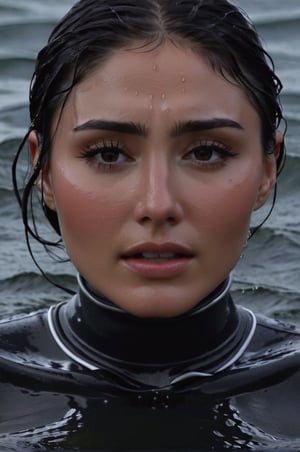 Daniella Pineda, emerging from the water. Her head and shoulders are visible above the surface of water. She looks scared and sad, her dark dark grey turtleneck top wet and clinging to her, with water droplets sparkling around her. She is gasping for air. She is in the middle of a cold ocean and splashes from her emergence, fully drenched, dripping wet, wet hair, face wet, face drenched, hyper realistic