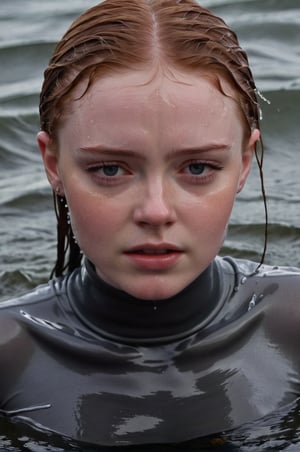 Sadie Sink, emerging from the water. Her head and shoulders are visible above the surface of water. She looks scared and sad, her dark grey turtleneck top wet and clinging to her, with water droplets sparkling around her. She is gasping for air. Her wait hair is slicked back and clinging to her head. She is in the middle of a cold ocean and splashes from her emergence, fully drenched, dripping wet, face wet, face drenched, hyper realistic