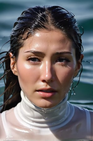 Dichen Lachman, emerging from the water. Her head and shoulders are visible above the surface of water. She looks scared and sad, her white turtleneck top wet and clinging to her, with water droplets sparkling around her. She is in the middle of a cold ocean and splashes from her emergence, fully drenched, dripping wet, wet hair, face wet, face drenched