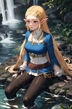 aazelda, super long hair, hair cascading to waist, pointy ears, blue shirt, long sleeves, fingerless gloves, black gloves, black pants, tight pants, completely soaked wet, soakingwetclothes, dripping wet, wet hair, sad facial expression, blue nails, swimming, sitting in the water, crying