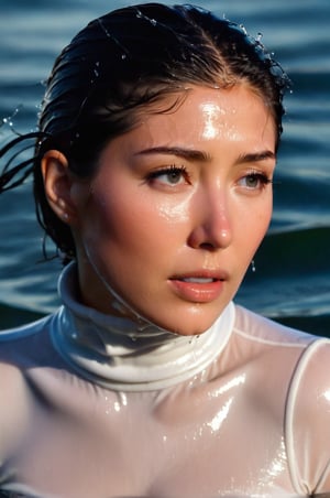 Dichen Lachman, emerging from the water. Her head and shoulders are visible above the surface of water. She looks panicked and confused, her white turtleneck top wet and clinging to her, with water droplets sparkling around her. She is calling for help. She is in the middle of a cold ocean and splashes from her emergence, fully drenched, dripping wet, wet hair, face wet, face drenched, ultra detailed face. 