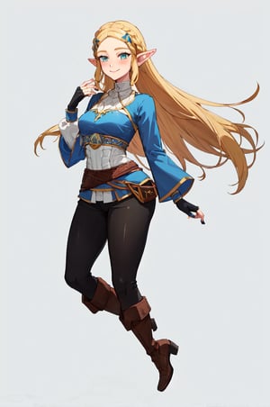 aazelda, super long hair, hair cascading to the thighs, square haircut, pointy ears, blue shirt, long sleeves, fingerless gloves, black gloves, black pants, tight pants, blue nails, looking at the camera smile, blushing, high boots, full body picture 