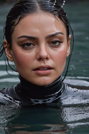 Mila Kunis, emerging from the water. Her head and shoulders are visible above the surface of water. She looks scared and sad, her dark dark grey turtleneck top wet and clinging to her, with water droplets sparkling around her. She is gasping for air. She is in the middle of a cold ocean and splashes from her emergence, fully drenched, dripping wet, wet hair, face wet, face drenched, hyper realistic