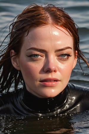 Emma Stone, emerging from the water. Her head and shoulders are visible above the surface of water. She looks scared and sad, her black turtleneck top wet and clinging to her, with water droplets sparkling around her. She is gasping for air. She is in the middle of a cold ocean and splashes from her emergence, fully drenched, dripping wet, wet hair, face wet, face drenched