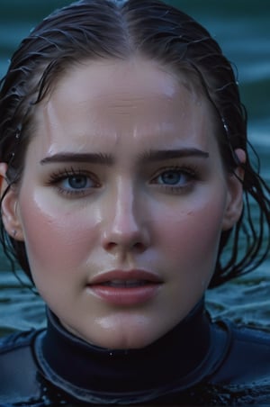 Elizabeth Lail, emerging from the water. Her head and shoulders are visible above the surface of water. She looks scared and sad, her dark blue turtleneck top wet and clinging to her, with water droplets sparkling around her. She is gasping for air. Her wet hair are slicked back and clinging to her head. She is in the middle of a cold ocean and splashes from her emergence, fully drenched, dripping wet, face wet, face drenched, hyper realistic