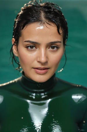 Najat Vallaud-Belkacem, emerging from the water. Her head and shoulders are visible above the surface of water. She looks surprised but smiling, her dark green turtleneck top wet and clinging to her, with water droplets sparkling around her. She is in the middle of an indoor pool and splashes from her emergence, fully drenched, dripping wet, wet hair, face wet, face drenched