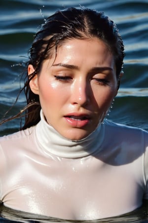 Dichen Lachman, emerging from the water. Her head and shoulders are visible above the surface of water. She looks panicked and sad, her white turtleneck top wet and clinging to her, with water droplets sparkling around her. She is screaming for help. She is in the middle of a cold ocean and splashes from her emergence, fully drenched, dripping wet, wet hair, face wet, face drenched