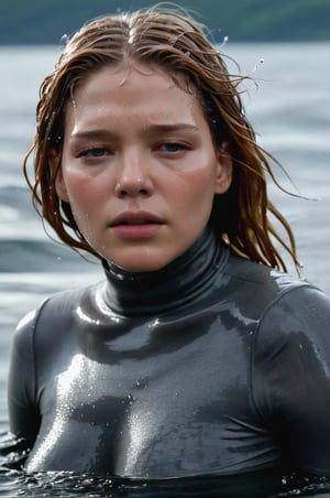 Léa Seydoux, emerging from the water. Her head and shoulders are visible above the surface of water. She looks scared and sad, her dark grey turtleneck top wet and clinging to her, with water droplets sparkling around her. She is in the middle of a cold ocean and splashes from her emergence, fully drenched, dripping wet, wet hair, face wet, face drenched