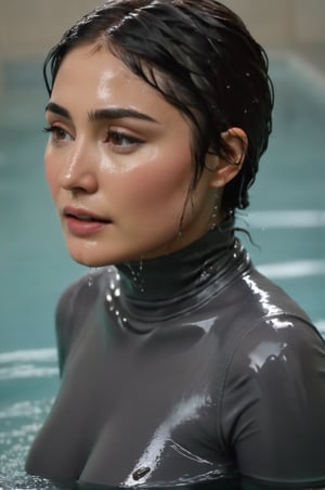 Daniella Pineda, emerging from the water. Her head and shoulders are visible above the surface of water. She looks relaxed, her dark grey turtleneck top wet and clinging to her, with water droplets sparkling around her. She is in the middle of an indoor pool and splashes from her emergence, fully drenched, dripping wet, wet hair, face wet, face drenched