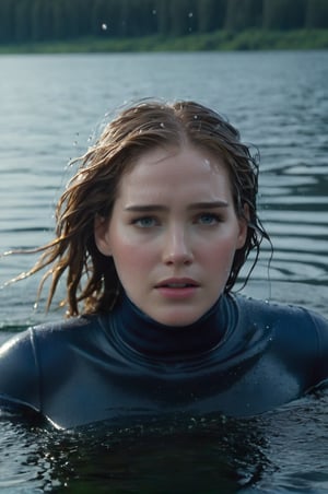 Elizabeth Lail, emerging from the water. Her head and shoulders are visible above the surface of water. She looks scared and sad, her dark blue turtleneck top wet and clinging to her, with water droplets sparkling around her. She is in the middle of a cold ocean and splashes from her emergence, fully drenched, dripping wet, wet hair, face wet, face drenched