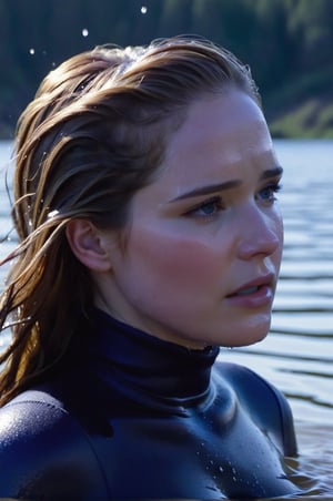 Elizabeth Lail, emerging from the water. Her head and shoulders are visible above the surface of water. She looks scared and sad, her dark blue turtleneck top wet and clinging to her, with water droplets sparkling around her. She is gasping for air. Her hair is wet and clinging to her face. She is in the middle of a cold ocean and splashes from her emergence, fully drenched, dripping wet, face wet, face drenched