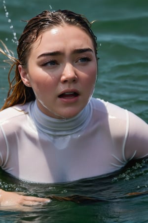 Florence Pugh, emerging from the water. Her head and shoulders are visible above the surface of water. She looks panicked and disoriented, her white turtleneck top wet and clinging to her, with water droplets sparkling around her. She is screaming for help. She is in the middle of a cold ocean and splashes from her emergence, fully drenched, dripping wet, wet hair, face wet, face drenched