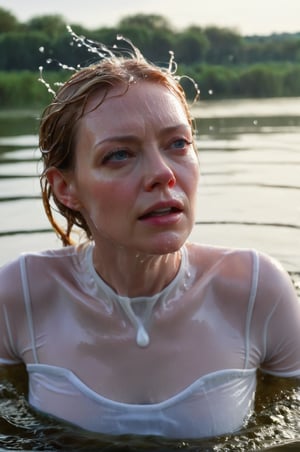 Riki Lindhome, emerging from the water. Her head and shoulders are visible above the surface of water. She looks scared and sad, her white shirt wet and clinging to her, with water droplets sparkling around her. She is gasping for air. She is in the middle of the Seine river and splashes from her emergence, fully drenched, dripping wet, wet hair, face wet, face drenched