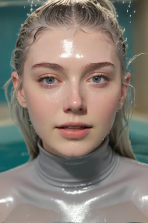 Hunter Schafer, emerging from the water. Her head and shoulders are visible above the surface of water. She looks surprised but smiling, her grey turtleneck top wet and clinging to her, with water droplets sparkling around her. She is in the middle of an indoor pool and splashes from her emergence, fully drenched, dripping wet, wet hair, face wet, face drenched