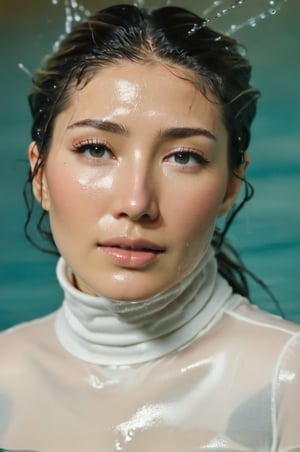 Dichen Lachman, emerging from the water. Her head and shoulders are visible above the surface of water. She looks relaxed, her white turtleneck top wet and clinging to her, with water droplets sparkling around her. She is in the middle of an indoor pool and splashes from her emergence, fully drenched, dripping wet, wet hair, face wet, face drenched